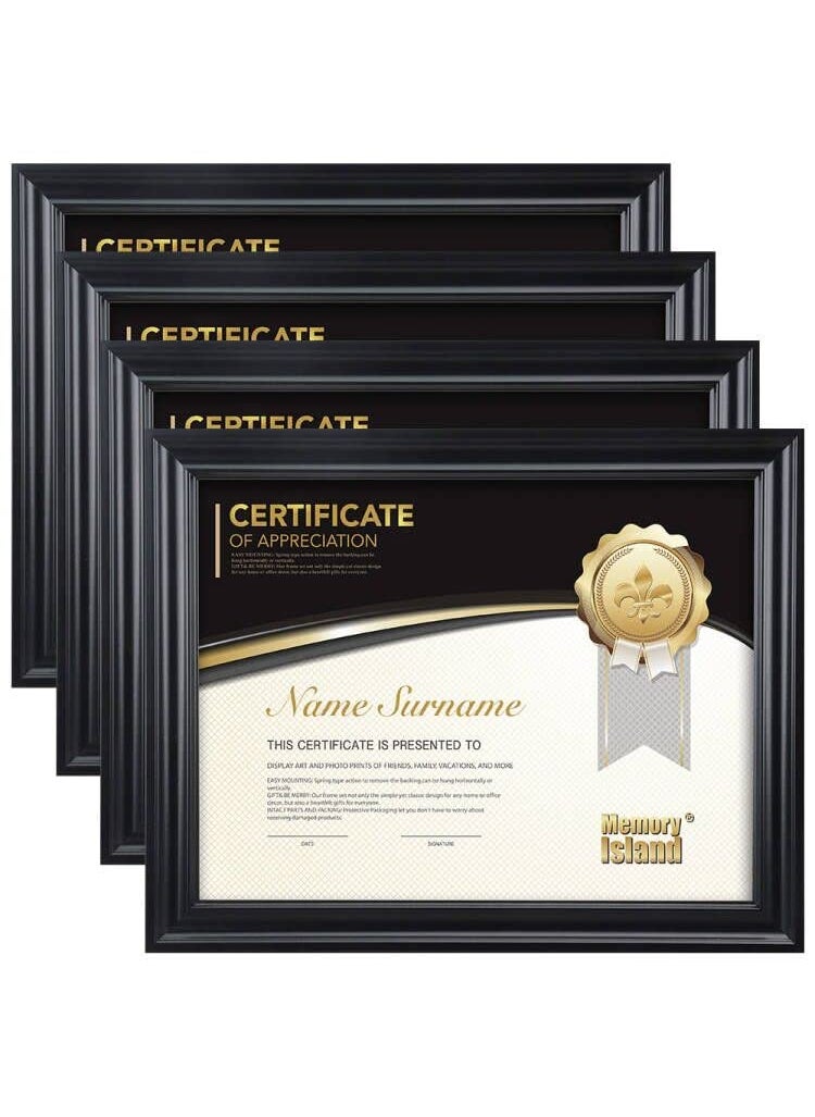 Memory Island Memory Island Document frames 85x11Set of 4 Pack Certificate Frames for Wall Or Tabletop DisplayDiploma Frames For Degree Award with Real Glass FrontBlackDesigned 