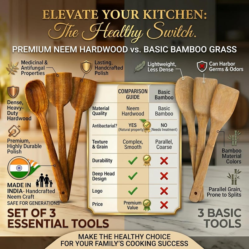 WOODKIT Pure Neem Wood Spatula Set for Cooking | Dosa Spatula Set | Wooden Spatula for Serving,Mixing,Flipping | Naturally Antimicrobial and Non Stick - Neem Wood Flip & Serve Set of 3 - Image 2