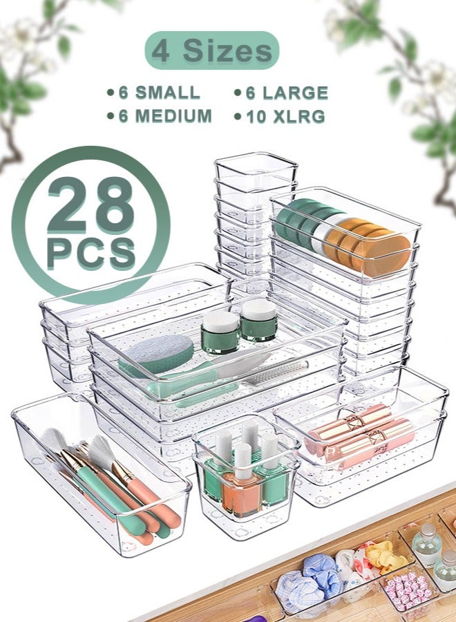 أيه بي جي مجموعة منظم أدراج من البلاستيك الشفاف، 28 قطعة - 4 أحجام من فواصل المكتب مع 120 وسادة لاصقة مضادة للانزلاق، مثالية كمنظم للمكياج، منظم للمجوهرات، أدوات في المطبخ، منظم أدراج غرفة النوم، الحمام، والمكتب - Image 1