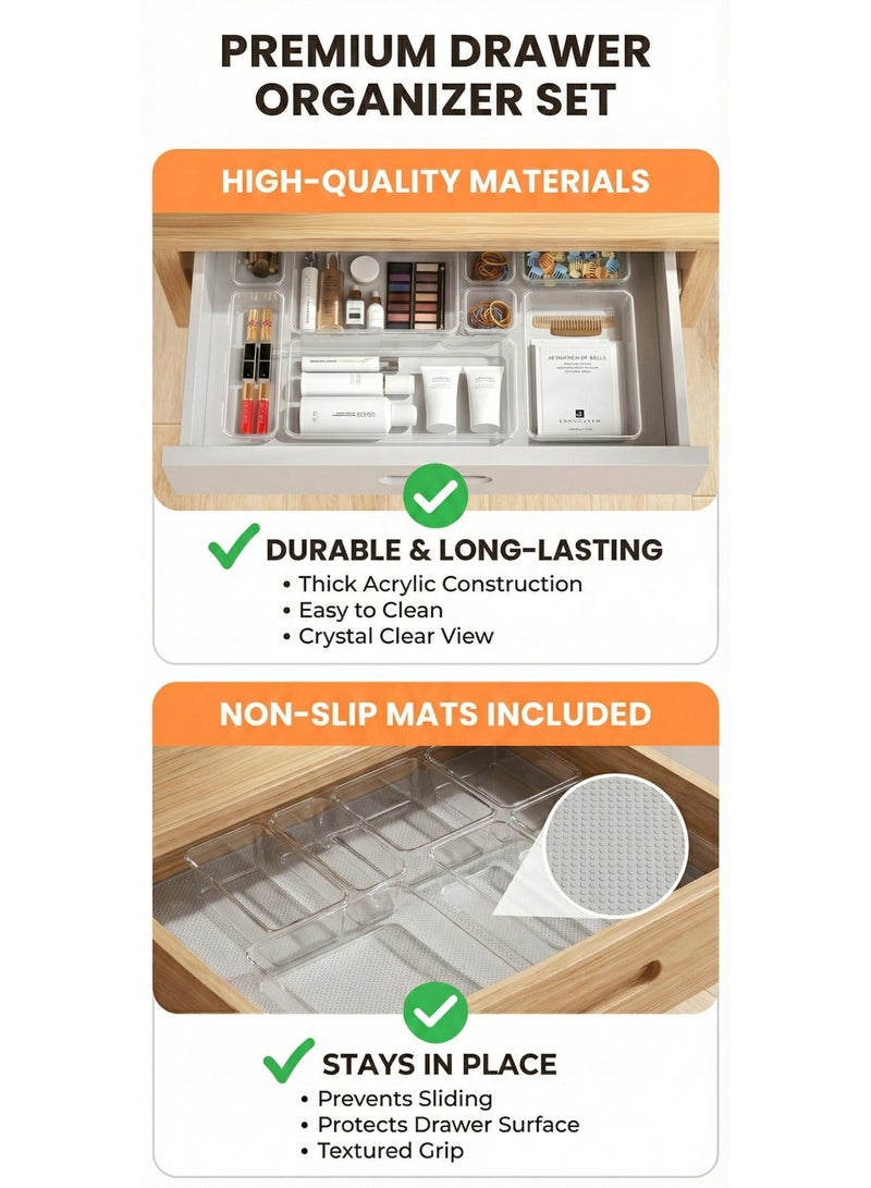 أيه بي جي مجموعة منظم أدراج من البلاستيك الشفاف، 28 قطعة - 4 أحجام من فواصل المكتب مع 120 وسادة لاصقة مضادة للانزلاق، مثالية كمنظم للمكياج، منظم للمجوهرات، أدوات في المطبخ، منظم أدراج غرفة النوم، الحمام، والمكتب - Image 2
