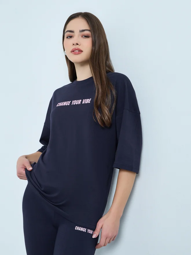 Styli Styli Navy Blue Printed T-Shirt and Flared Leggings Co-Ords