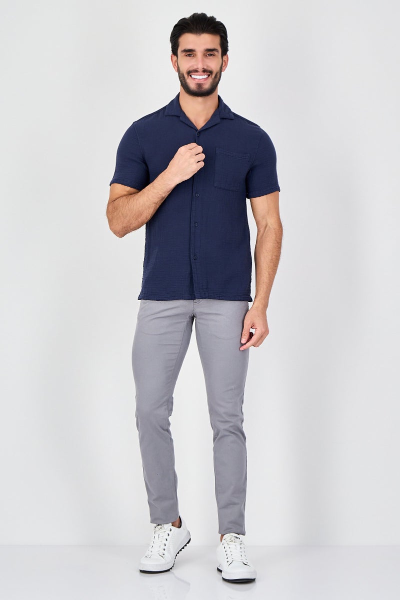 Celio Men Regular Fit Textured Short Sleeve Casual Shirt, Navy - Image 2
