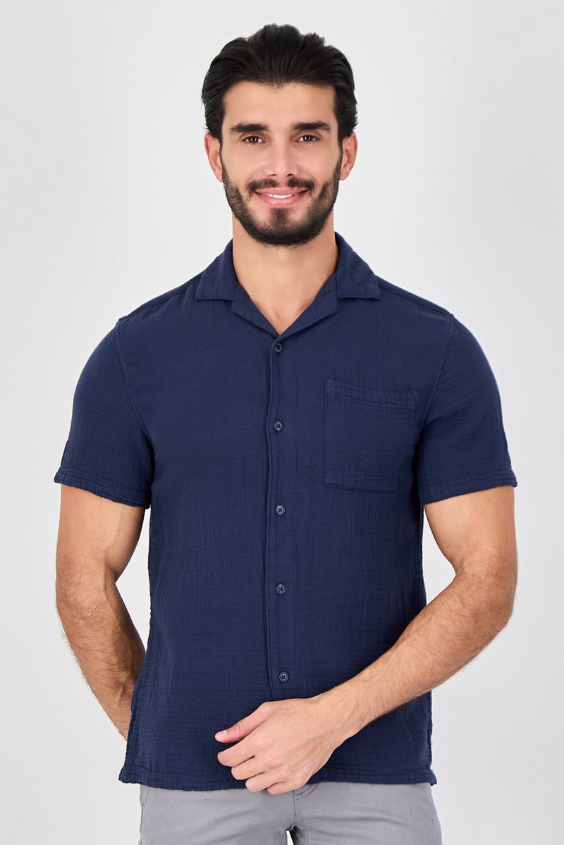 Celio Men Regular Fit Textured Short Sleeve Casual Shirt, Navy - Image 1