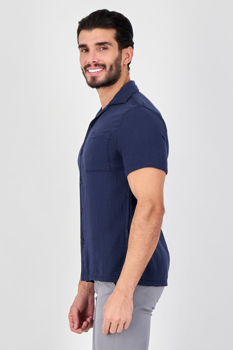 Celio Men Regular Fit Textured Short Sleeve Casual Shirt, Navy - Image 4