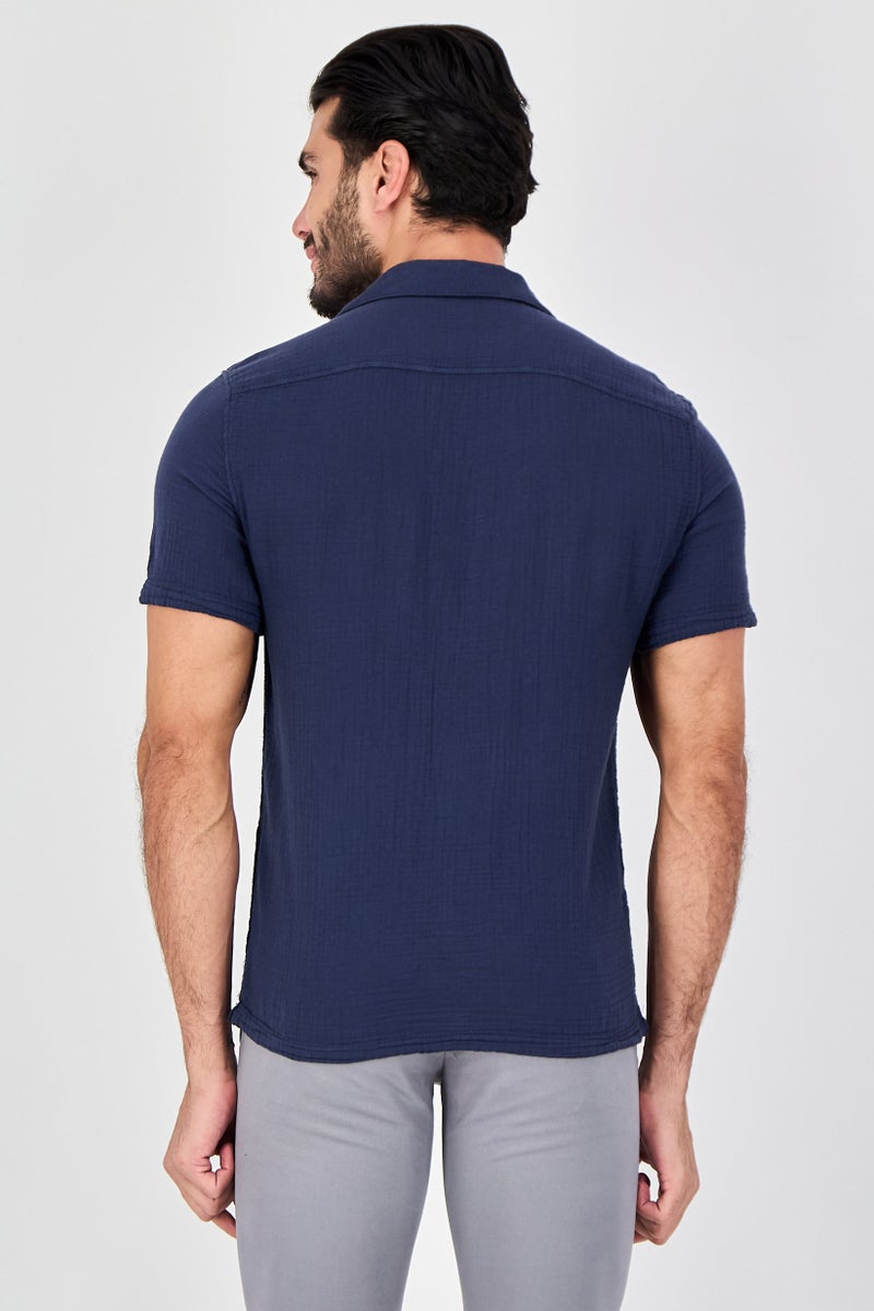Celio Men Regular Fit Textured Short Sleeve Casual Shirt, Navy - Image 3