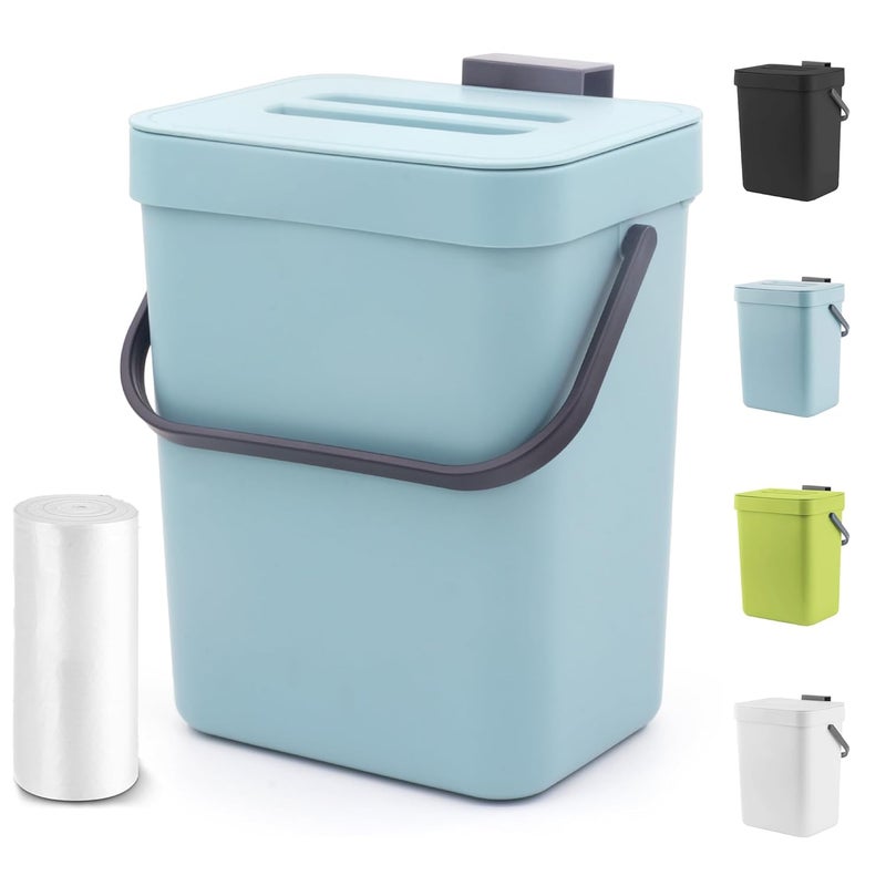 MONGTINGLU 1.3 Gallon Small Trash Can with Lid - Countertop Food Waste Bin, Kitchen Hanging Trash Can for Cabinet Door/Under Sink, Small Garbage Can for Desk, 5L(Subtle Blue) - Image 1