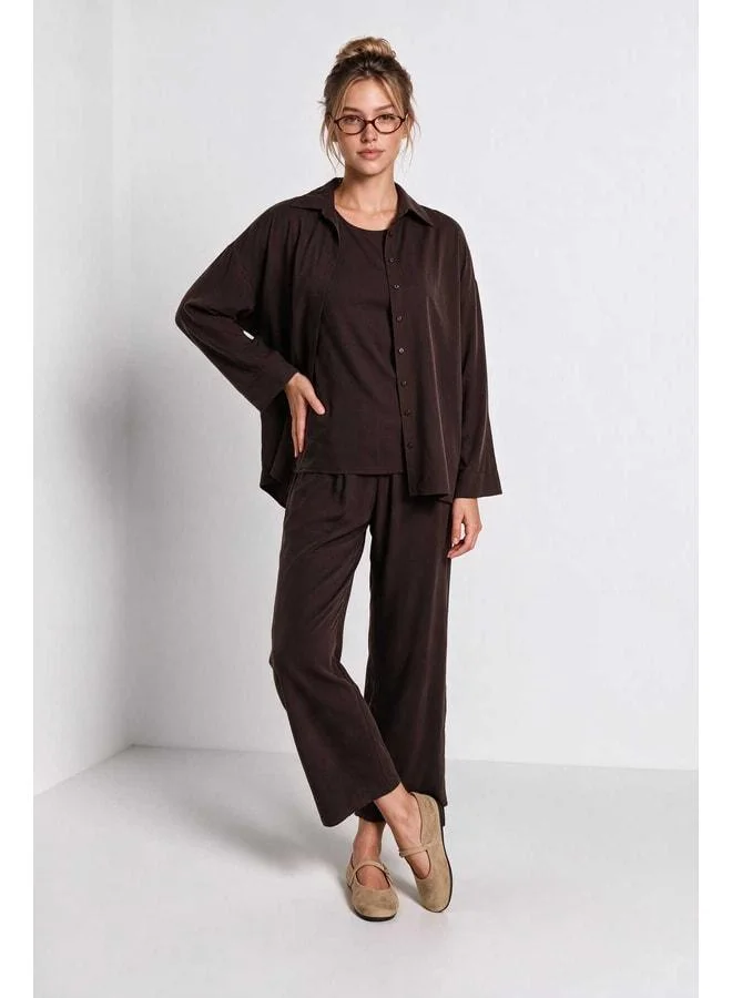 Lovely Istanbul 3-piece Shirt, Blouse, and Pants Gabardine Set LBY0071 Brown.