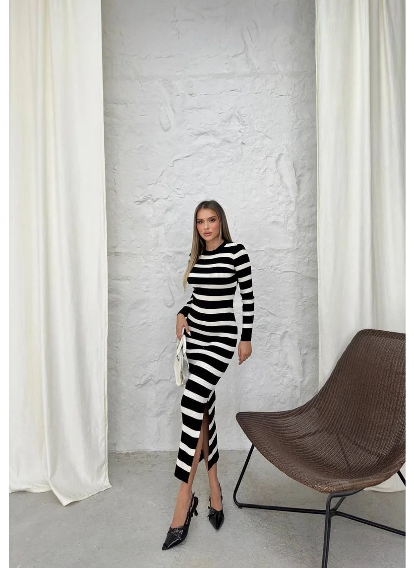 Ded Collection Women's Midi Length Knitwear Black and White Striped Dress