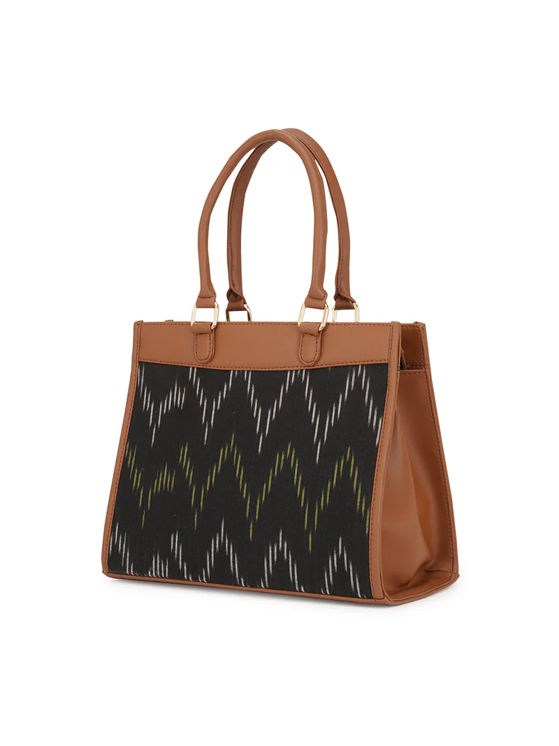 globus Globus Women Black Vegan Leather Ikat Abstract Print Double Handle Handheld Bag