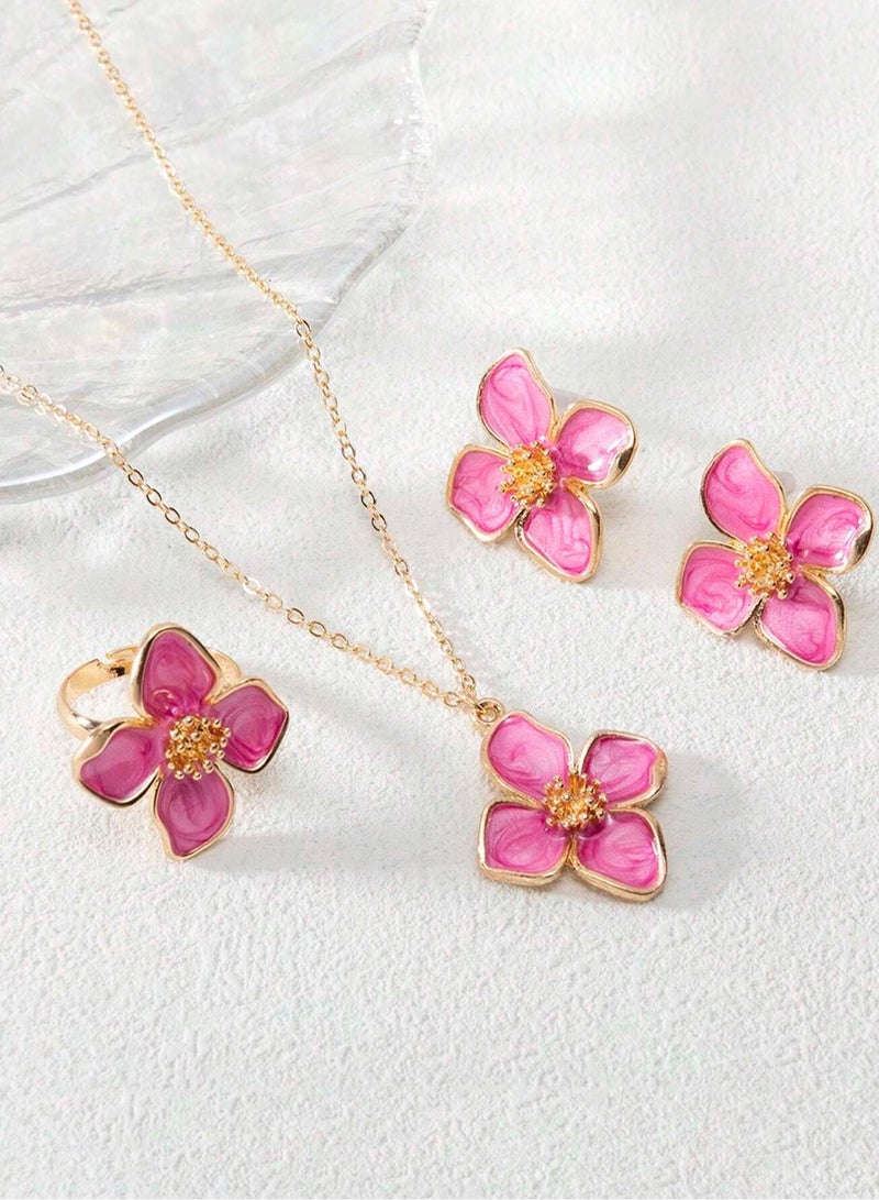 4-Piece Fuchsia Flower Jewelry Set – Pink Enamel Necklace, Earrings & Adjustable Ring – Bold & Elegant Gold-Tone Design