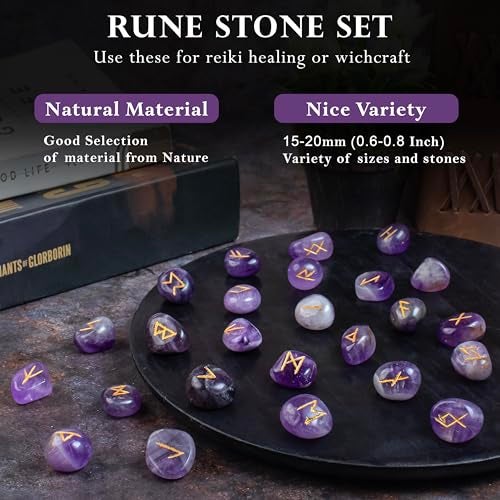 Crocon Amethyst Natural Gemstone Crystal 25 pcs Engraved Rune Stones for Chakra Balancing Reiki Healing Feng Shui Home Office Decor Size: 15-20 mm - Image 4