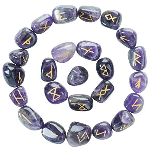 Crocon Amethyst Natural Gemstone Crystal 25 pcs Engraved Rune Stones for Chakra Balancing Reiki Healing Feng Shui Home Office Decor Size: 15-20 mm - Image 1