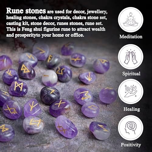 Crocon Amethyst Natural Gemstone Crystal 25 pcs Engraved Rune Stones for Chakra Balancing Reiki Healing Feng Shui Home Office Decor Size: 15-20 mm - Image 2