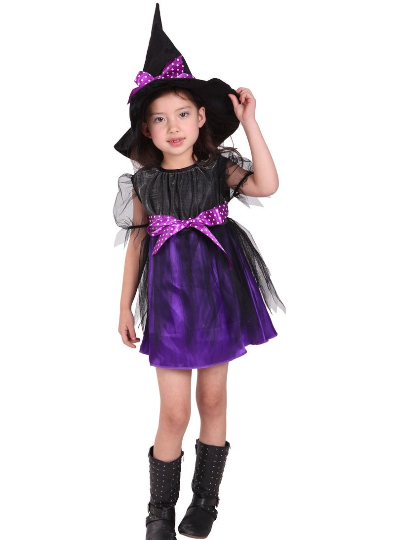 Halloween Witch Girls Kids Child Holiday Party Role Play Dance Party Gown Costume Queen Princess Dress+Hat Cosplay Costumes - Image 1