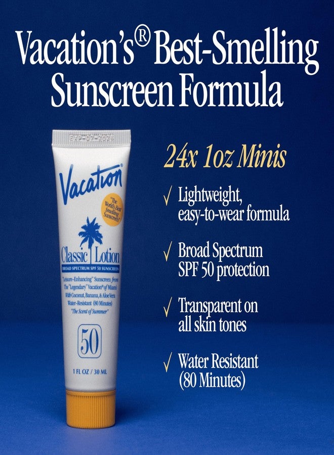 Vacation Mini Classic SPF 50 Sunscreen Lotion, 1 Fluid Ounce, Pack of 24 - Bulk Sunscreen, Invisible, No White Cast, Water-Resistant, Travel Size, Dermatologist-Tested, Vegan - Image 3
