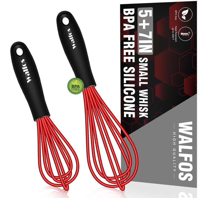 Walfos Walfos Mini Whisk Red Small whiskNon Scatch Rubber Coated Whisksmall silicone whisk 5  7 inch Tiny WhiskNice for mixing and stirring small batches of powder and sauce in small bowl containers2pcs