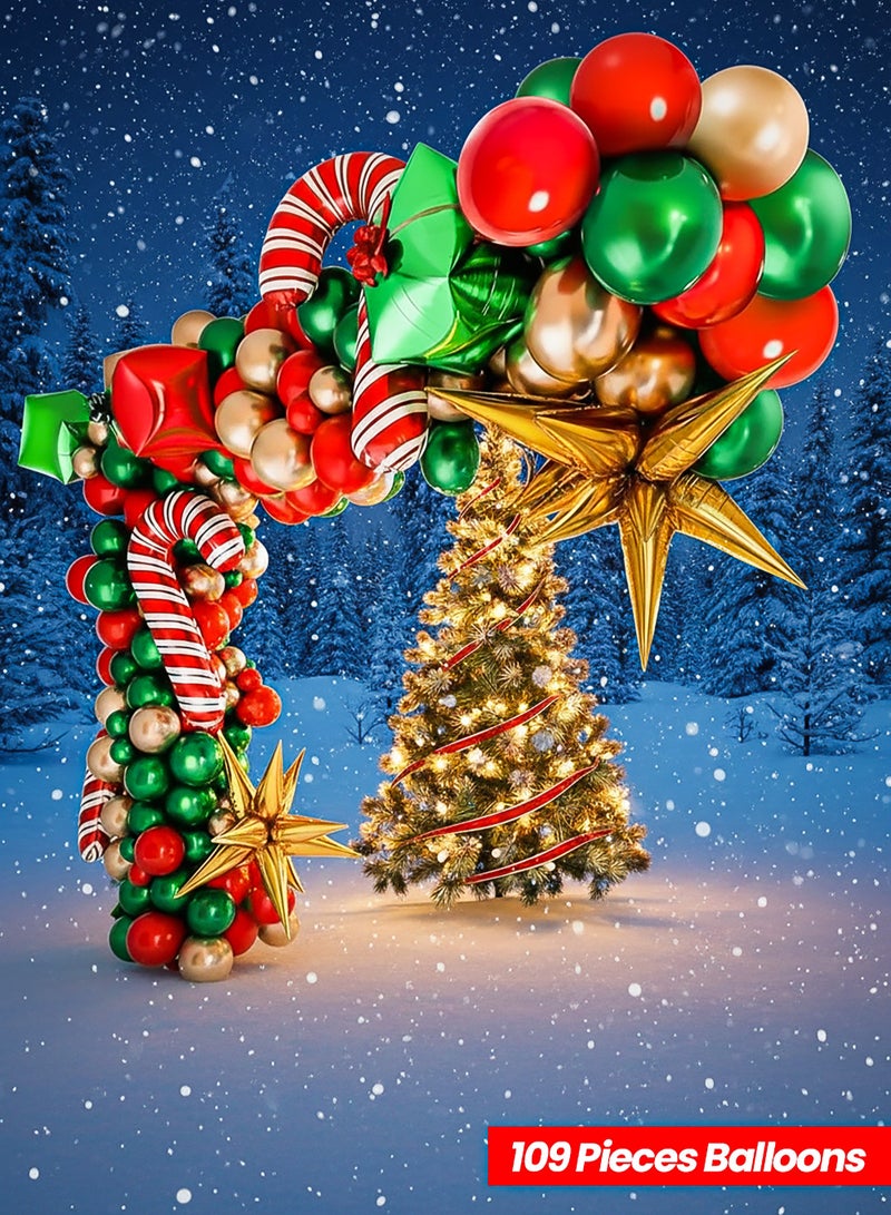 NextWave 109 Pieces Christmas Balloon Garland Arch Kit With Green Gold Red Box Candy Cane Design Balloons Cone Explosion Star Foil Balloons For Christmas Party New Year Party Decorations Diy Balloon - Image 1