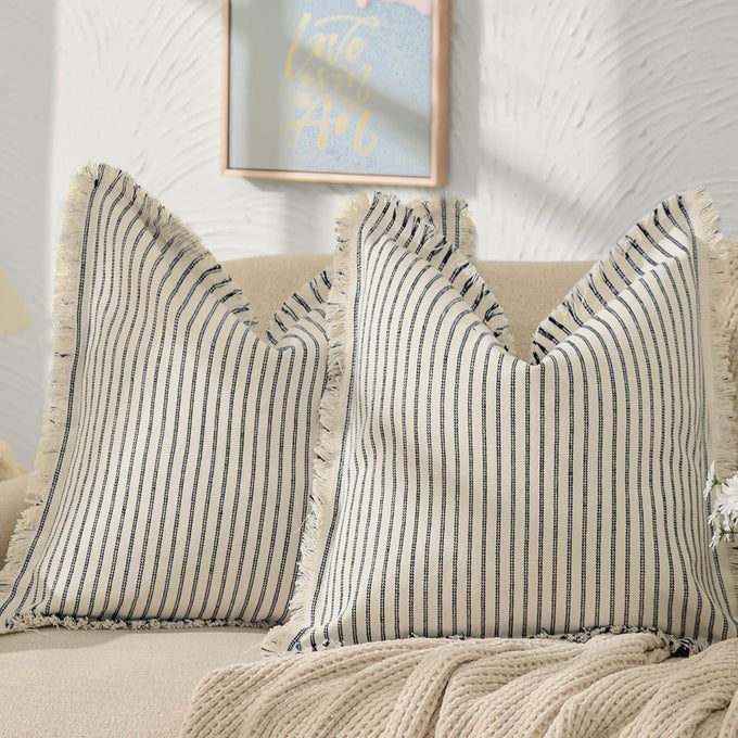 THROW PILLOW COVERS 20X20 SET OF 2 STRIPED PILLOW COVERS WITH FRINGE CHIC COTTON DECORATIVE PILLOWS SQUARE CUSHION COVERS FOR SOFA COUCH BED LIVING ROOM FARMHOUSE DECOR
