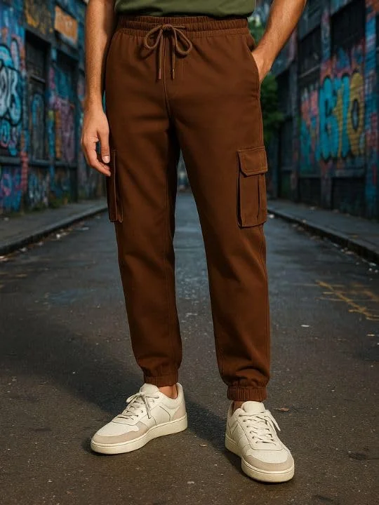 NOBERO Men's Cargo Joggers in Brown with Utility Pockets