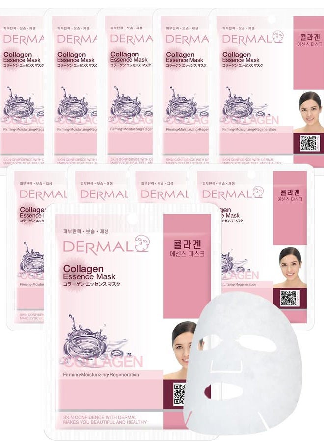 DERMAL Collagen Essence Facial Mask Sheet 23g Pack of 10 - Moisturizing & Firming, Anti Wrinkle, For Healthy Dewy Skin, Daily Skin Treatment Solution Sheet Mask - Image 1