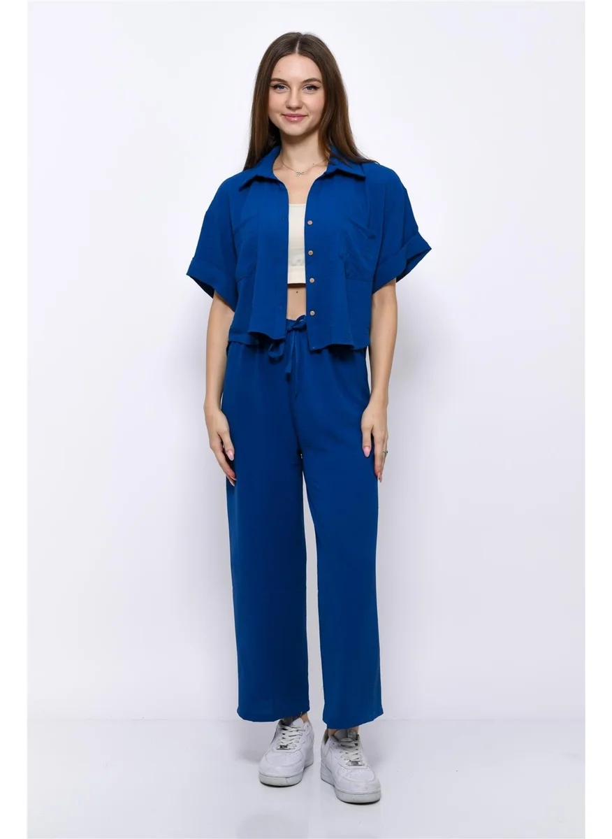 Nuseel Aerobin Crop Shirt Elastic Waist Trousers 2 Piece Set Navy Blue