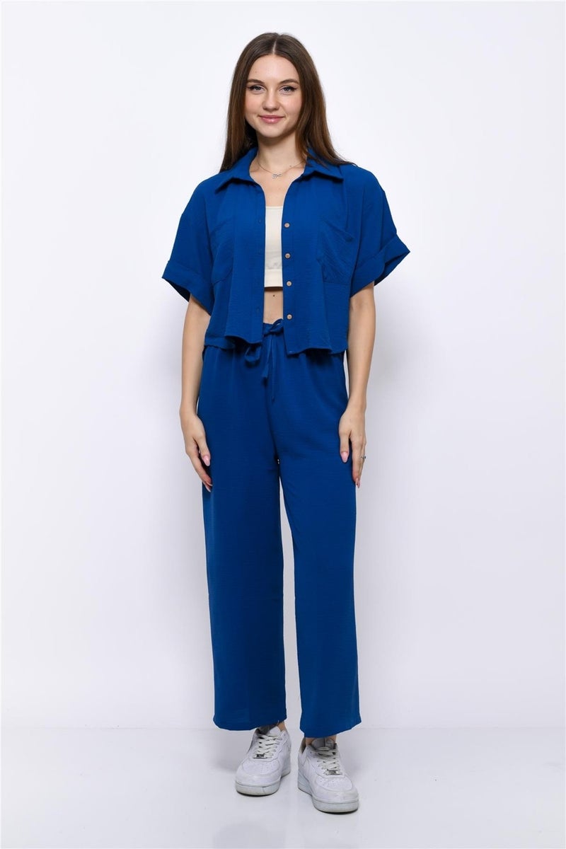 Nuseel Aerobin Crop Shirt Elastic Waist Trousers 2 Piece Set Navy Blue - Image 1