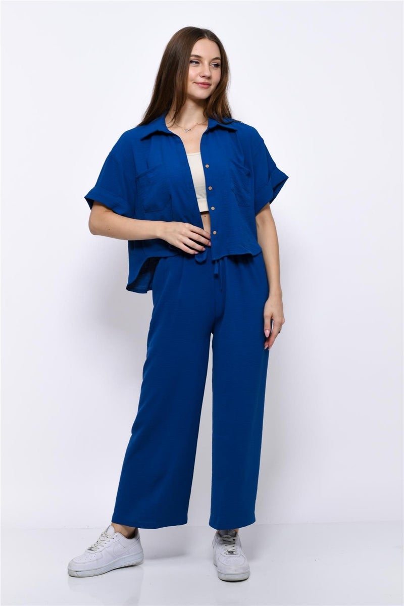 Nuseel Aerobin Crop Shirt Elastic Waist Trousers 2 Piece Set Navy Blue - Image 3