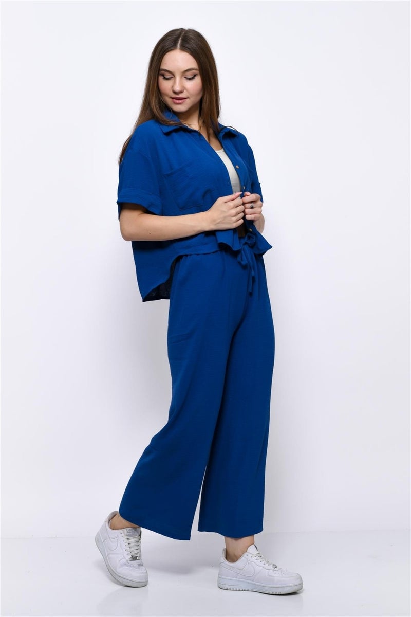 Nuseel Aerobin Crop Shirt Elastic Waist Trousers 2 Piece Set Navy Blue - Image 5