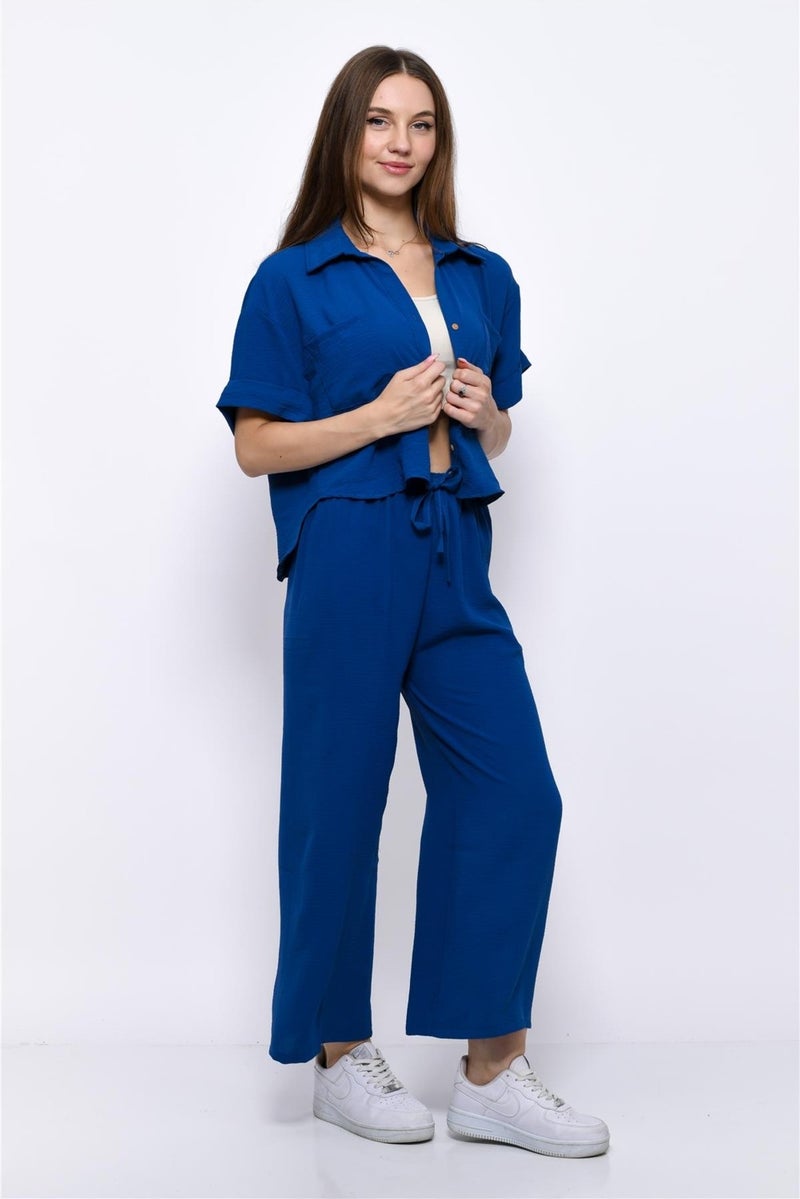 Nuseel Aerobin Crop Shirt Elastic Waist Trousers 2 Piece Set Navy Blue - Image 4