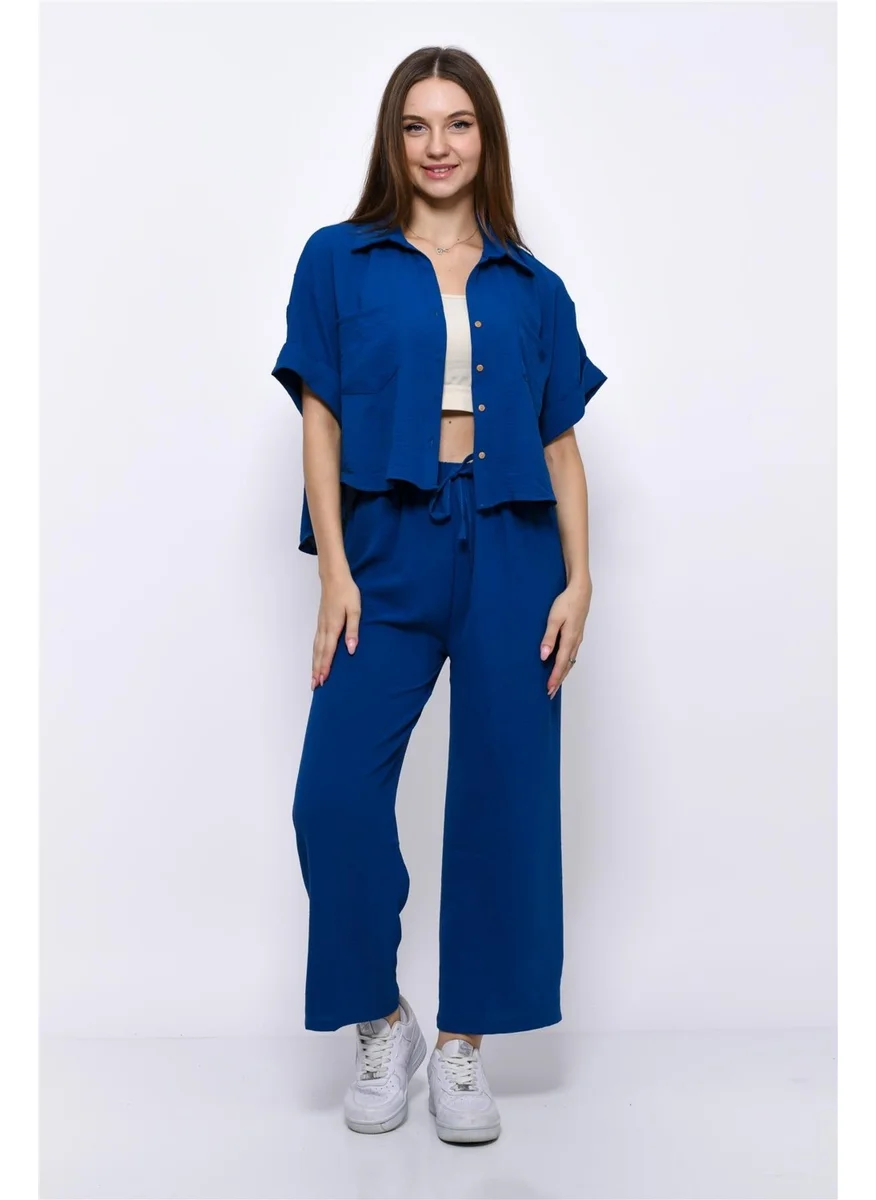 Nuseel Aerobin Crop Shirt Elastic Waist Trousers 2 Piece Set Navy Blue