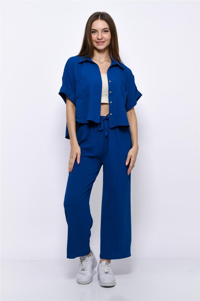 Nuseel Aerobin Crop Shirt Elastic Waist Trousers 2 Piece Set Navy Blue - Image 2
