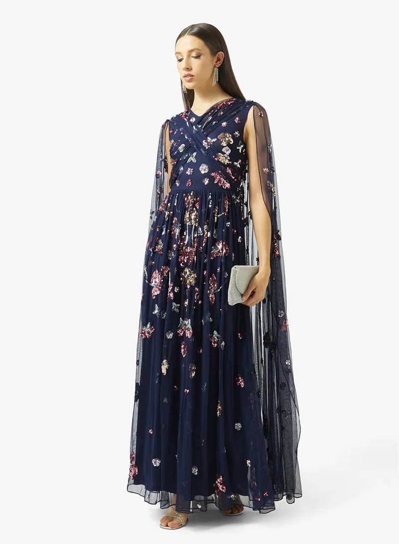 Frock And Frill  Embellished Cape Sleeve Maxi Dress for Women | Best Price UAE