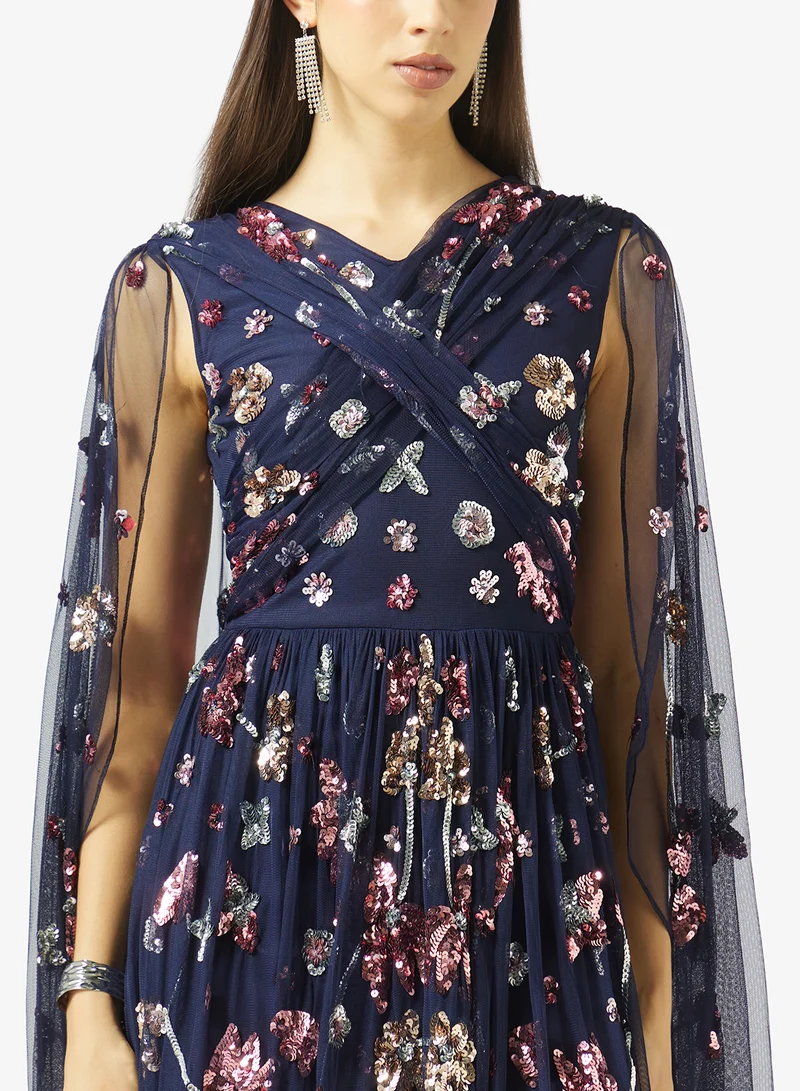 Frock And Frill  Embellished Cape Sleeve Maxi Dress for Women | Best Price UAE