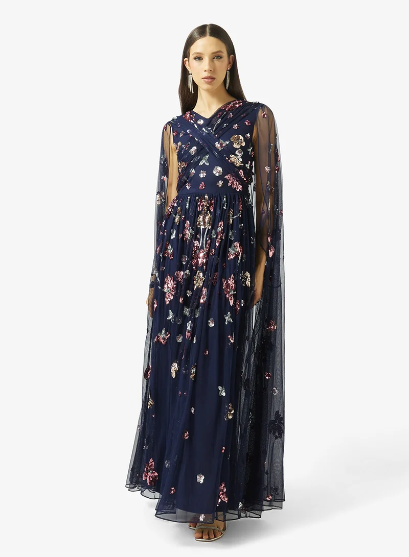 Frock and Frill Embellished Cape Sleeve Maxi Dress