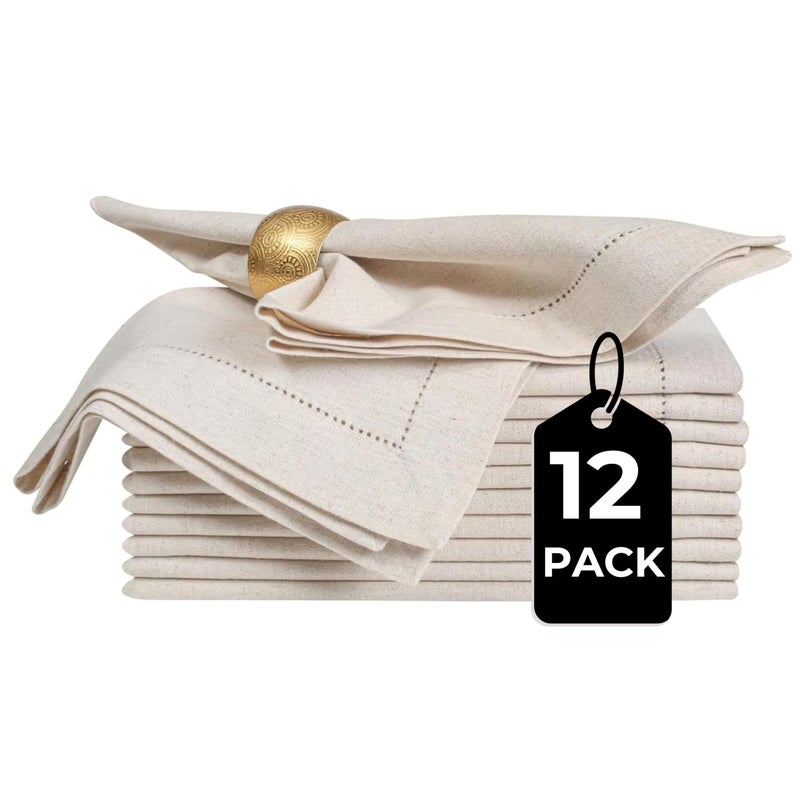 Bedding Craft Linen Flax Cotton Cloth Dinner Napkins Set of 12 20x20 Natural Hemstitched Fabric Machine Washable Elegant Reusable Table Napkins for Weddings Parties Dining Dcor