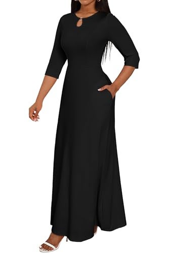 FANDEE Women's Maxi Dress Casual Boho Plain Long Dresses 3/4 Sleeve with Pockets Black M - Image 1