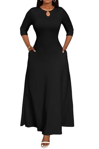 FANDEE Women's Maxi Dress Casual Boho Plain Long Dresses 3/4 Sleeve with Pockets Black M - Image 2