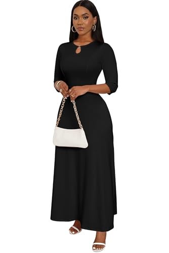 FANDEE Women's Maxi Dress Casual Boho Plain Long Dresses 3/4 Sleeve with Pockets Black M - Image 4