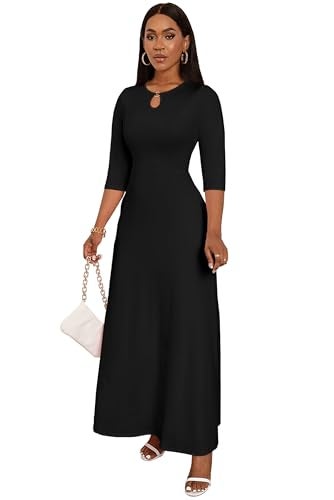 FANDEE Women's Maxi Dress Casual Boho Plain Long Dresses 3/4 Sleeve with Pockets Black M - Image 5