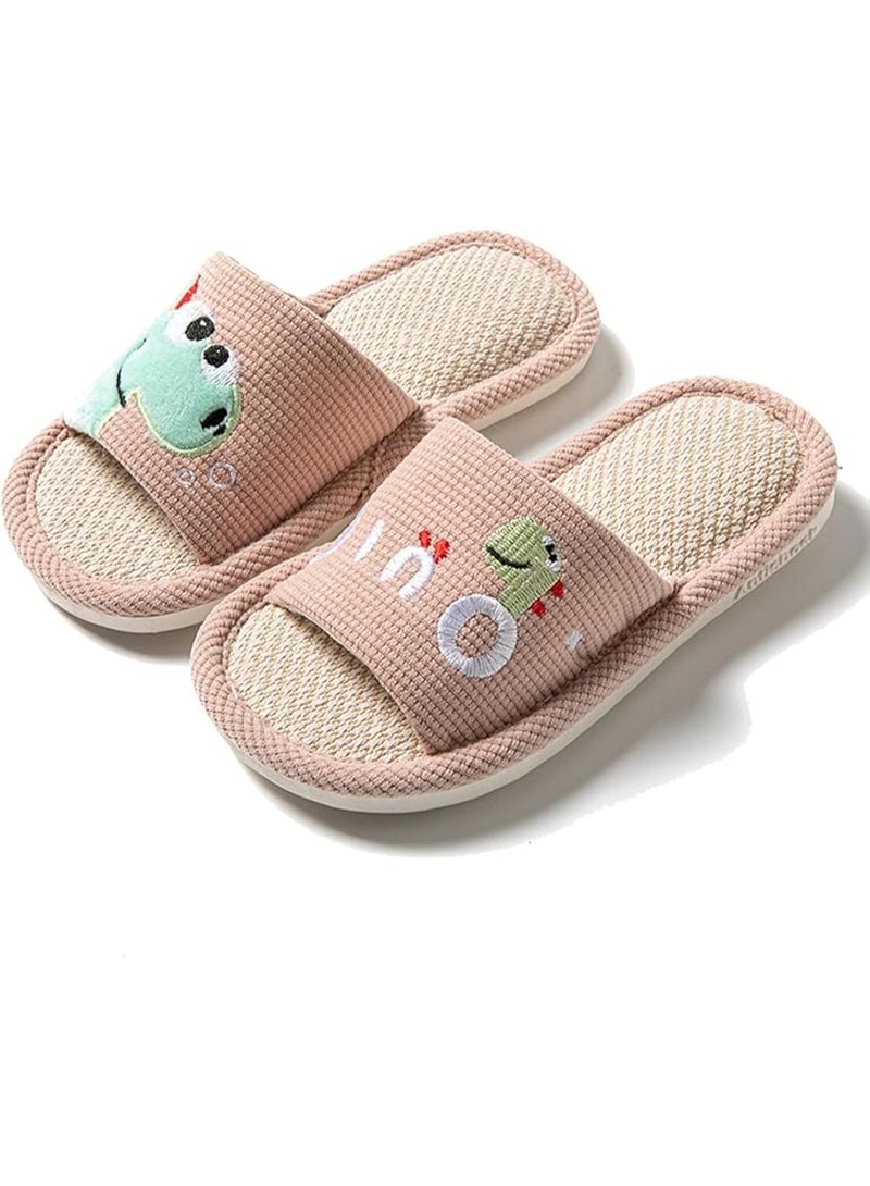 GUDOO Kids Linen Slippers with Cartoon Dinosaurs, Soft Open Toe Indoor Slides for Toddler Girls & Boys, Comfortable Home Slippers Size 30-31 pink - Image 1