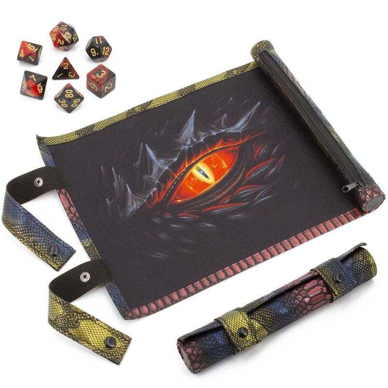 CASEMATIX Dice Rolling Tray and Dice Mat with 7 Included Roleplaying Dice Compatible with DND and Other Games - Scroll Rolling Tray and Travel Dice Holder for Storing up to 14 Game Dice - Image 1