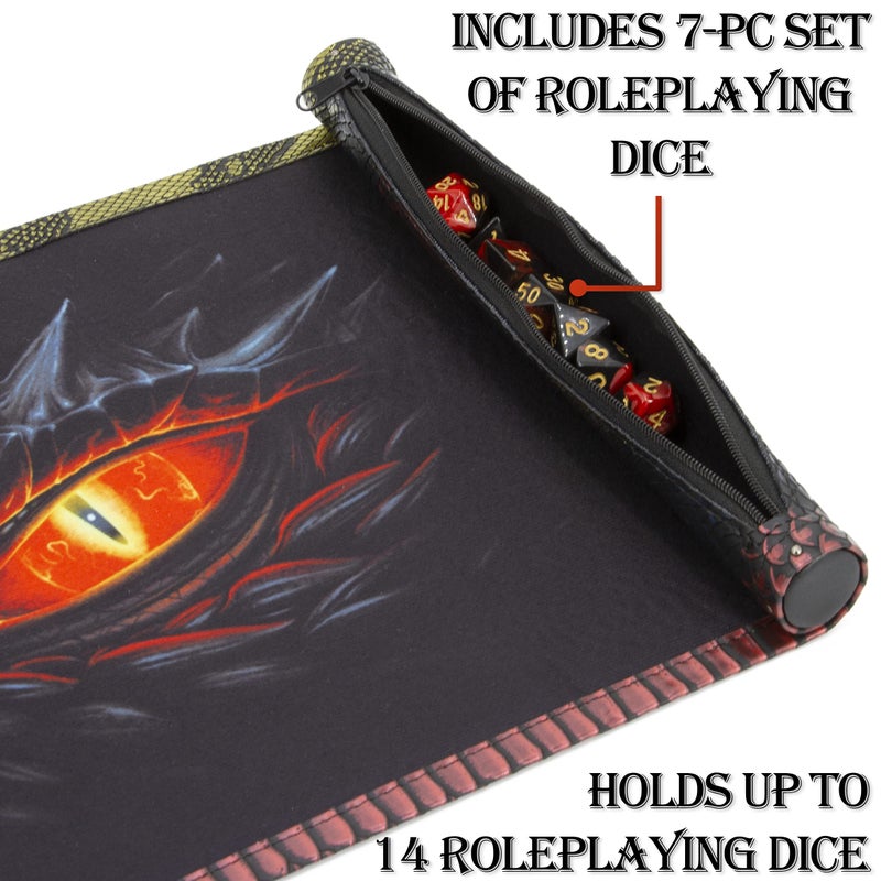 CASEMATIX Dice Rolling Tray and Dice Mat with 7 Included Roleplaying Dice Compatible with DND and Other Games - Scroll Rolling Tray and Travel Dice Holder for Storing up to 14 Game Dice - Image 2