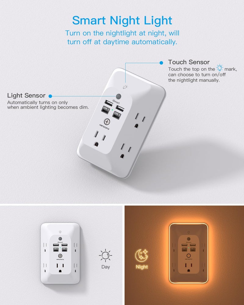 HANYCONY Multi Plug Outlet, HANYCONY Outlet Extender with 4 USB Ports (2 USB C) and Night Light, 1050J Surge Protector, Wall Mount, Outlet Splitter for Bathroom Kicthen Camper Dorm Room Essentials - Image 3