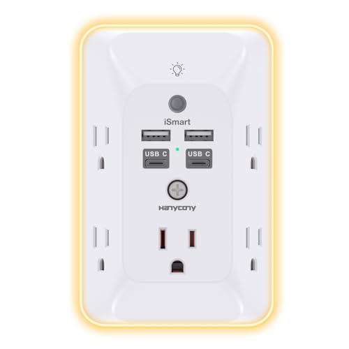 HANYCONY Multi Plug Outlet, HANYCONY Outlet Extender with 4 USB Ports (2 USB C) and Night Light, 1050J Surge Protector, Wall Mount, Outlet Splitter for Bathroom Kicthen Camper Dorm Room Essentials - Image 1