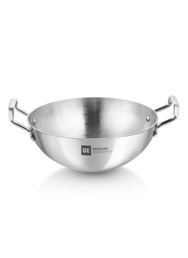 BERGNER - BERGNER BE Essential TriPly Stainless Steel 30 cm Extra Deep Kadai/Indian Wok, 5 L Kadhai, Even Heat Distribution, Consumes Less Oil, Easy to Clean, Gas Stove Compatible, 5-Year Warranty - Image 1