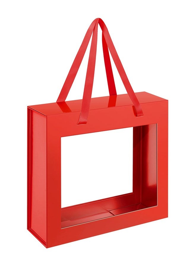 ROSEGLD Large Gift Box with Window by Handle 13.5x9x4.1 Inches, Clear Gift Box with Handle, Bridesmaid Proposal Box, Magnetic Gift Box for Present (Glossy Red) - Image 1