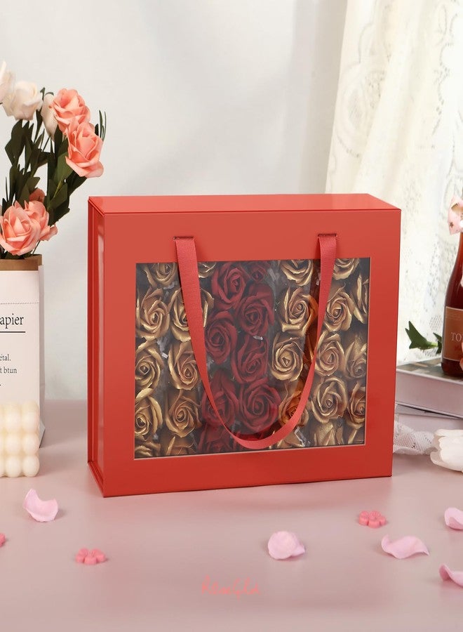 ROSEGLD Large Gift Box with Window by Handle 13.5x9x4.1 Inches, Clear Gift Box with Handle, Bridesmaid Proposal Box, Magnetic Gift Box for Present (Glossy Red) - Image 2