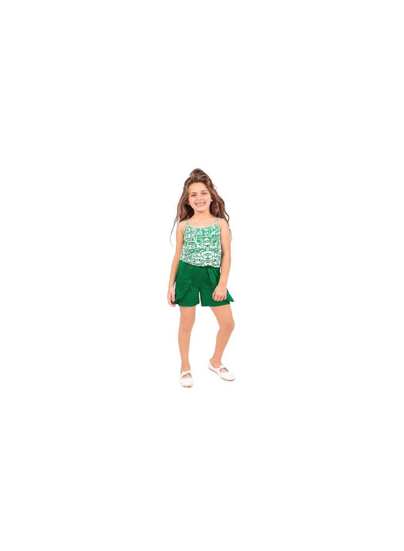 Girls' set consisting of a green embroidered T-shirt and green shorts 
