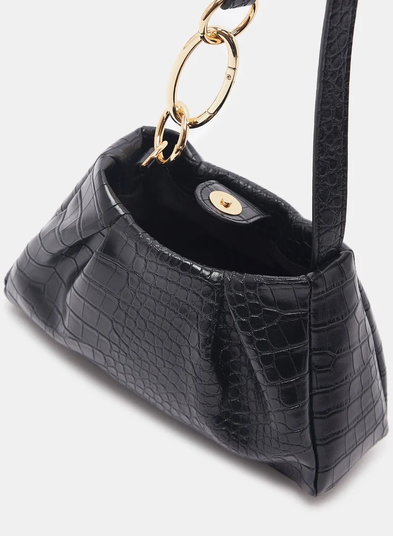 shoexpress Textured Shoulder Bag with Chain Accent and Button Closure