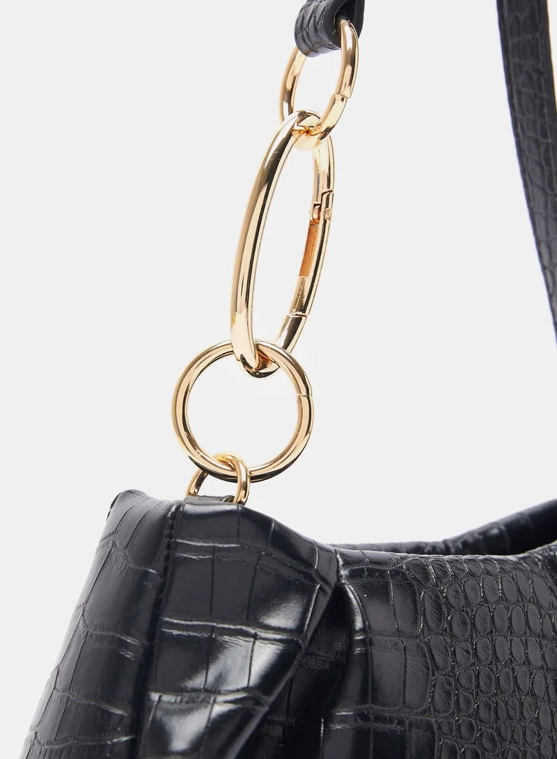 shoexpress Textured Shoulder Bag with Chain Accent and Button Closure